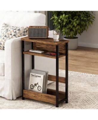 Tiger Stripe Brown Narrow Side Table, Storage Shelf & Magazine Rack Slim Nightstand for Small Spaces