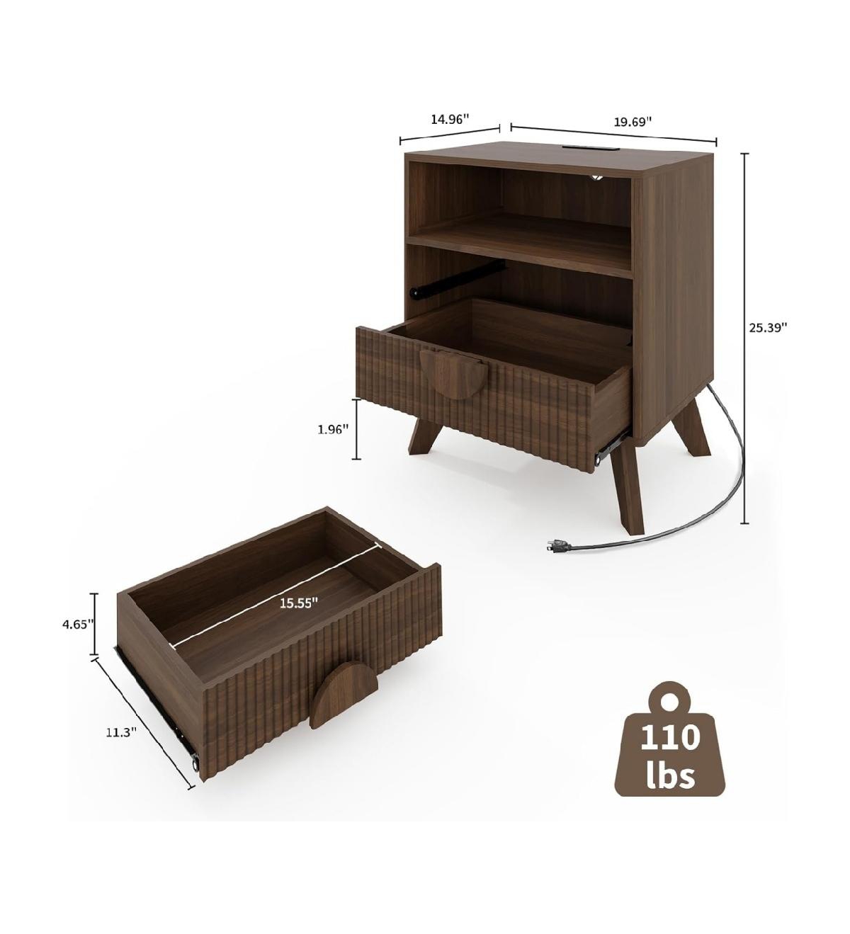 gaomon 1PC Walnut Brown Fluted Wood Nightstand, Bedroom Bedside Table with Usb Charging Station