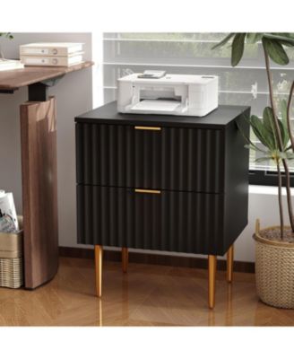 Set of 2 Black 2-Drawer Fluted Nightstands, Gold & Wood Bedside Table with USB Charging Station