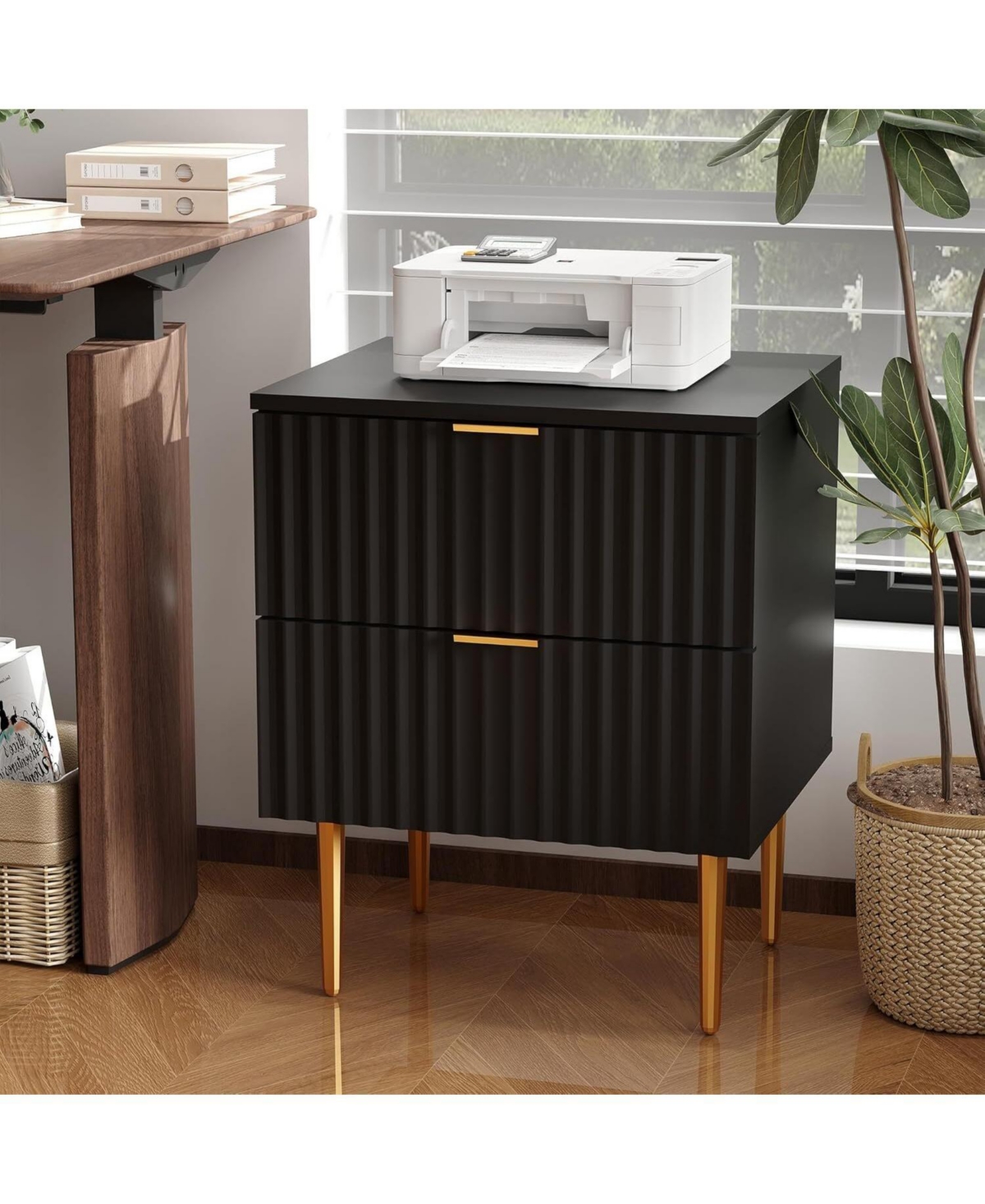 gaomon Set of 2 Black 2-Drawer Fluted Nightstands, Gold & Wood Bedside Table with Usb Charging Station