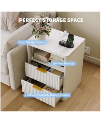 Set of 2 Fluted Nightstands, 2-Drawer Bedside Table with Built-in Charging Station & Open Storage