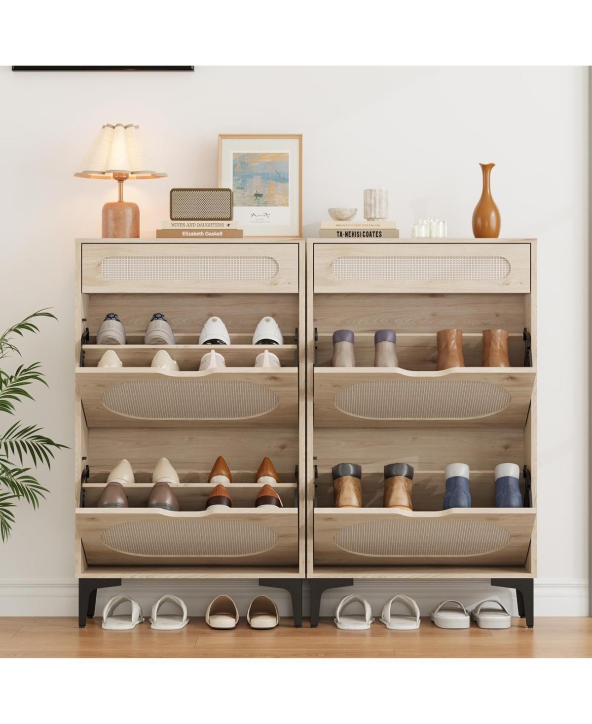 gaomon Rattan Shoe Cabinet with 2 Flip Drawers & 1 Pull-Out Drawer – Free-Standing Shoe Storage Cabinet with 3-Position Adjustable Shelf