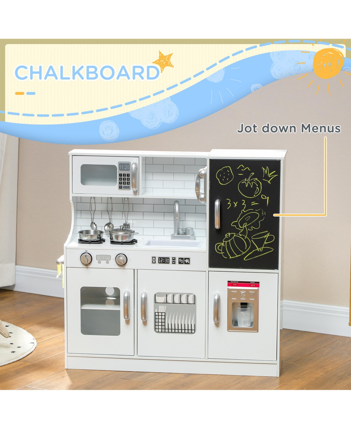 Hongge Kids Pretend Play Kitchen with Chalkboard and Accessories