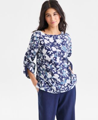 Women's 100% Linen Roll-Tab Top