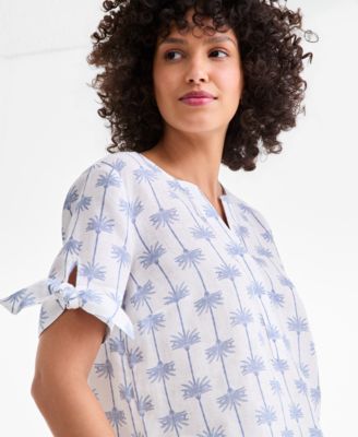 Petite Linen Palm Print V-Neck Top
