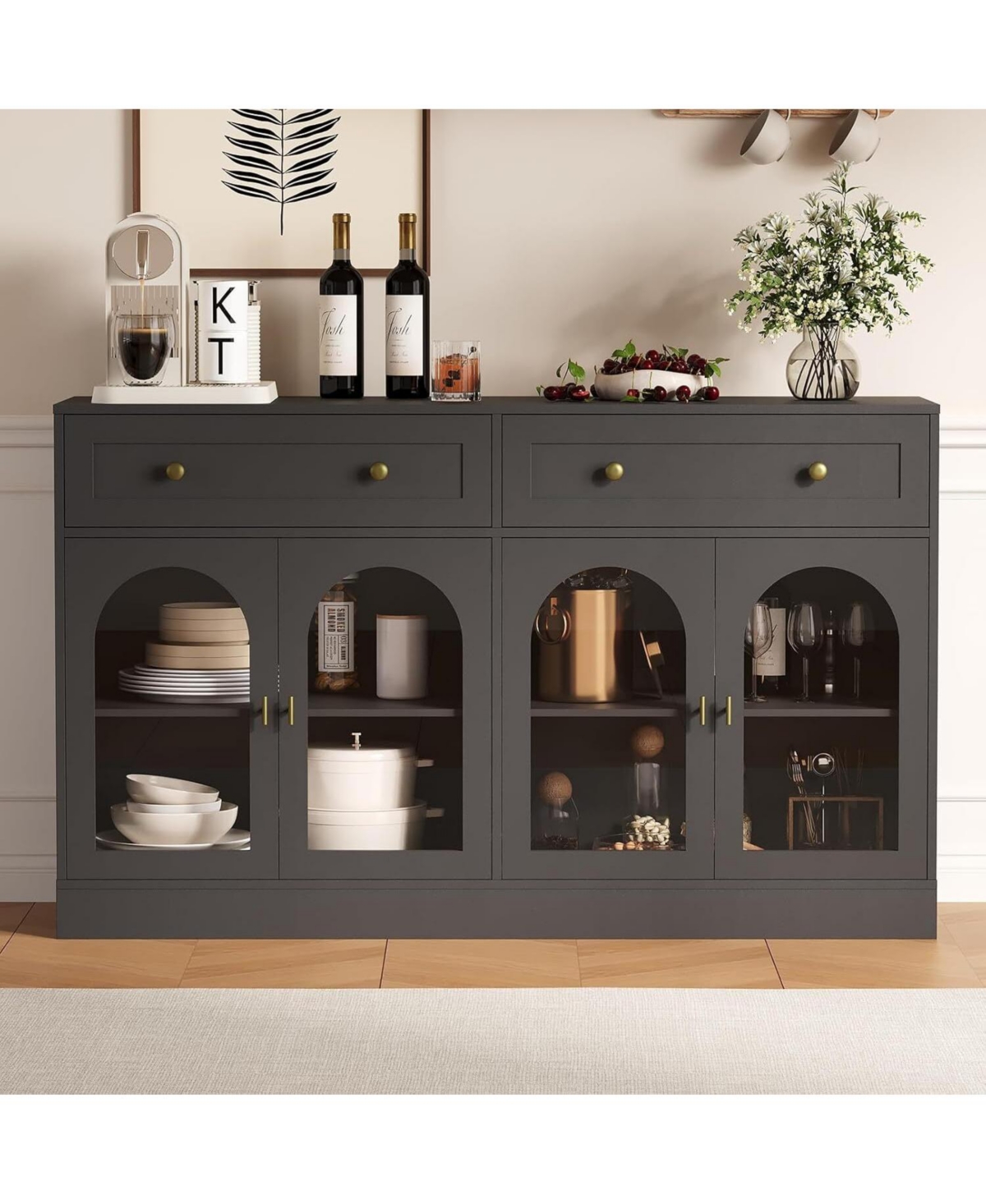 gaomon 55-Inch Wide Farmhouse Sideboard Buffet Cabinet with 4 Acrylic Doors and 2 Drawers, Wooden Console Table for Kitchen or Living Room