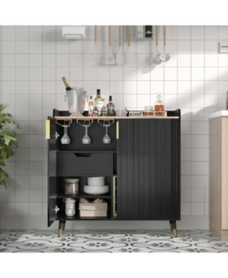 Modern Small Sideboard Buffet Cabinet with Fluted Doors, Wine Bar & Coffee Bar Liquor Cabinet with Wine Rack and Glass Holders