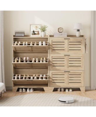 Shoe Storage Cabinet with 3 Flip Drawers, Freestanding Shoe Organizer Storage for Entryway with 2 Side Hooks,  Shoe Rack Cabinet, Natural Oak