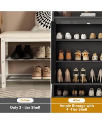 Shoe Cabinet with 2 Rattan Doors, Adjustable Shelves, 5-Tier Wooden Shoe Storage Organizer