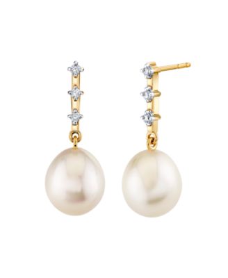 Cultured Fresh Water Pearl (9mm) & Diamond (1/10 ct. t.w.) Drop Earrings in 10k Yellow Gold