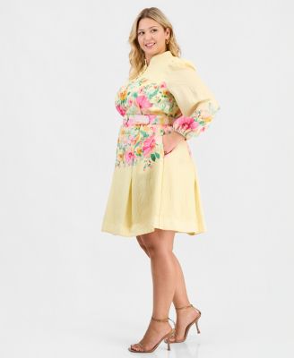 Plus Size Placed-Print Belted Fit & Flare Dress