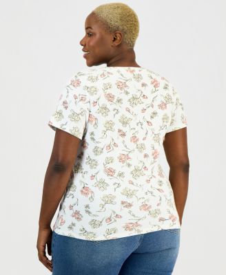 Plus Size Printed Short-Sleeve Henley Top