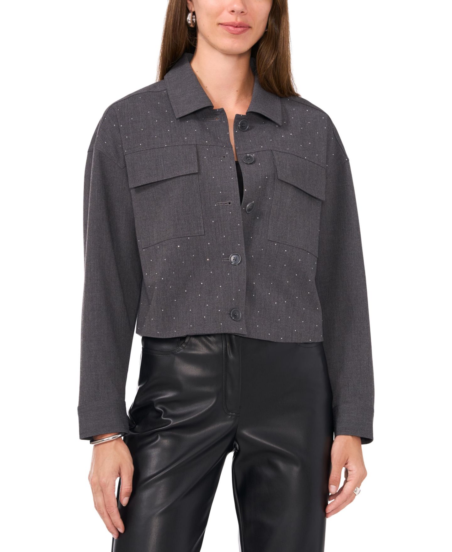 Женская куртка Vince Camuto Cropped Button-Up Shirt Jacket, цвет: Меланжевый серый — фото 4