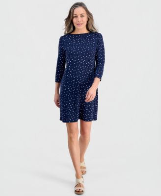 Petite Polka Dot Knit Envelope-Neck 3/4-Sleeve Dress