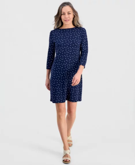 Petite Polka Dot Knit Envelope-Neck 3/4-Sleeve Dress - Polka Indigo Blue