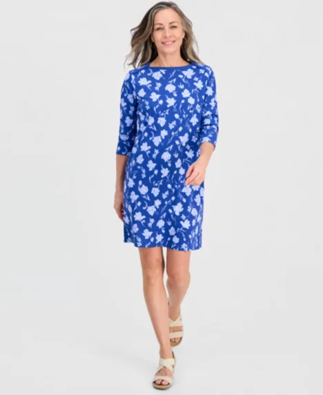 Petite Printed Knit Envelope-Neck 3/4-Sleeve Dress - Poetic Floral Blue