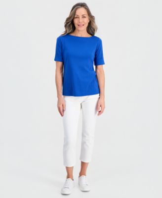 Petite Cotton Elbow-Sleeve Boat-Neck Top