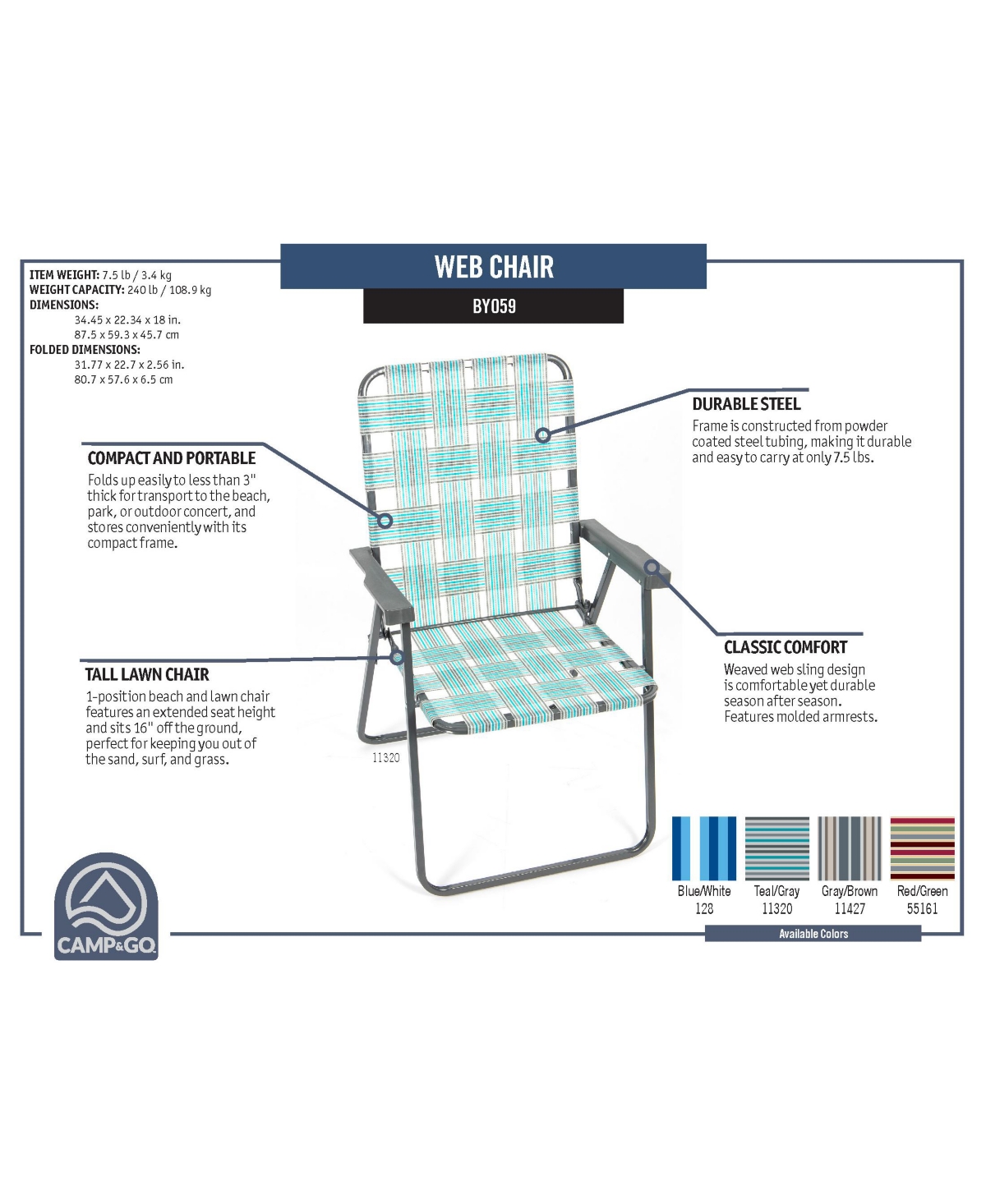 Camp & Go 2 x 2 x 3 ft Multi Classic Web Folding Chair