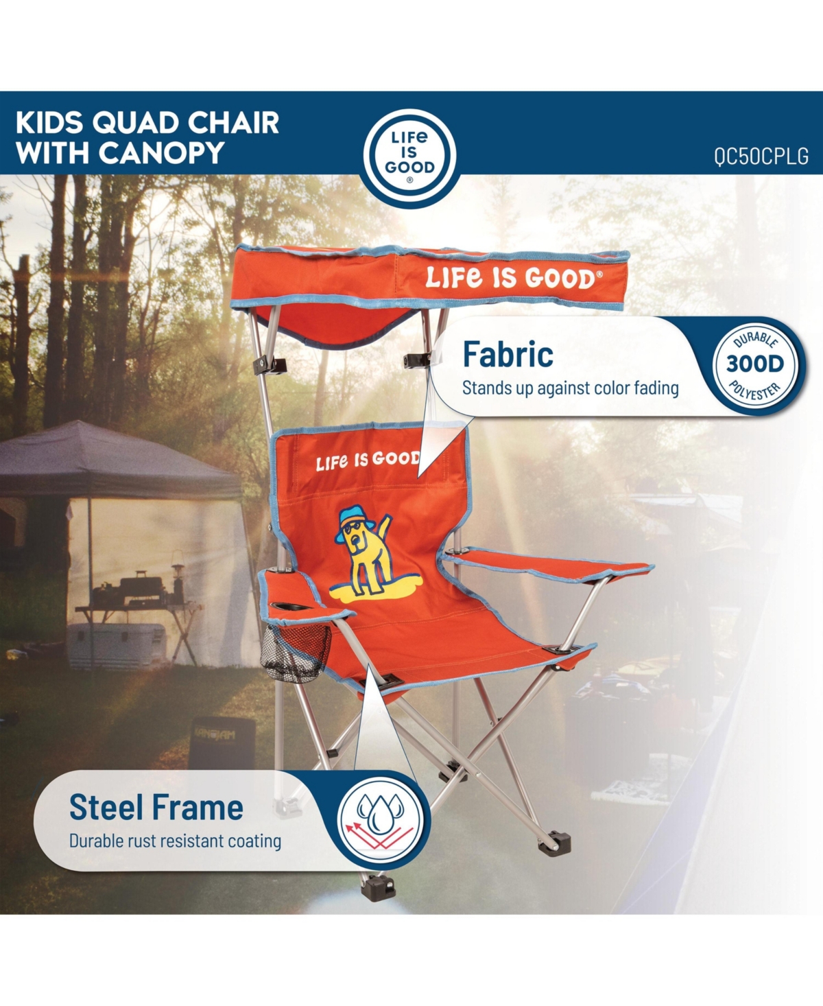 Life is Good 2 x 2 x 3 ft Orange Kids Quad Chair With Canopy
