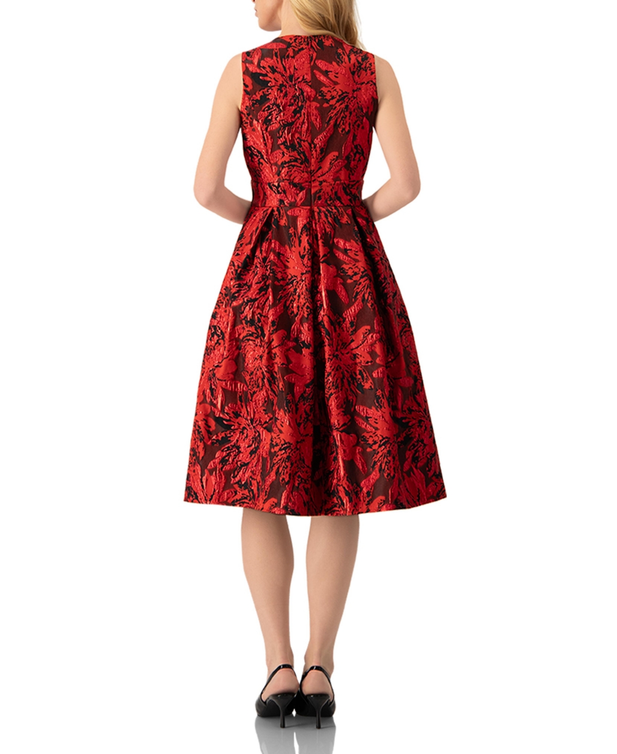 Ivonne Women's Sleeveless Red and Black Jacquard Midi Dress