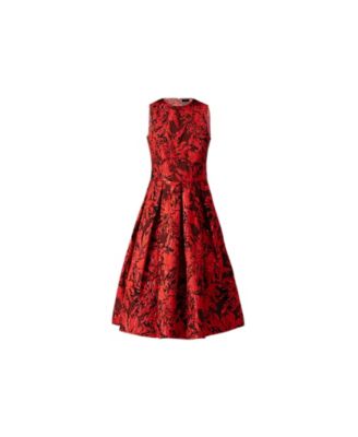 Women's Sleeveless Red and Black Jacquard Midi Dress