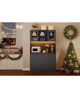 Freestanding Pantry Cabinet with Adjustable Shelf, Kitchen Pantry Cabinet with Built-in Power Hub for Dining