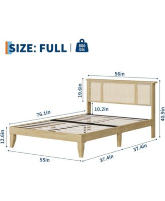 Full Bohemian Rattan Headboard Bed with Wood Slats, Metal Platform, Cane Accent, Durable Support, No Box Spring Needed