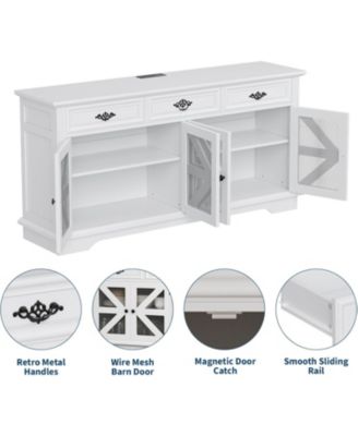 white 63" kitchen buffet cabinet with glass display, 3 drawers, charging station, and mesh barn doors.