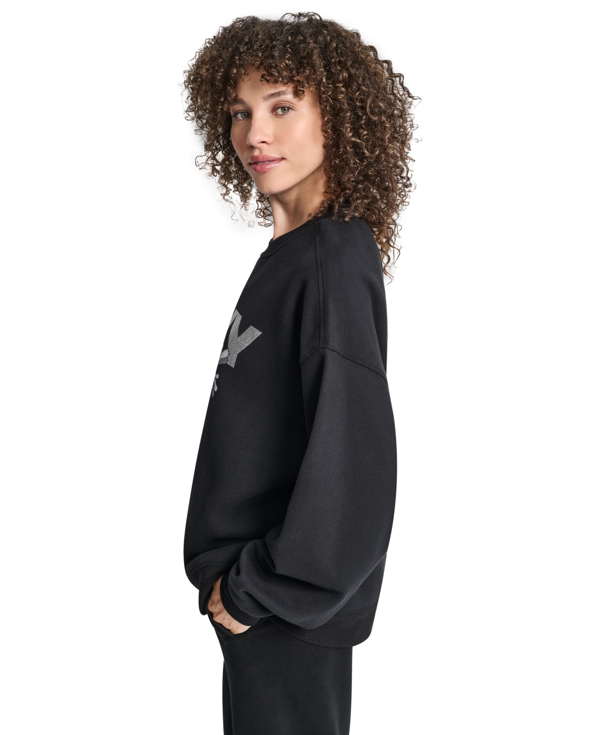 Dkny Women's Graffiti Rhinestone Logo Blouson-Sleeve Drop-Shoulder Sweatshirt