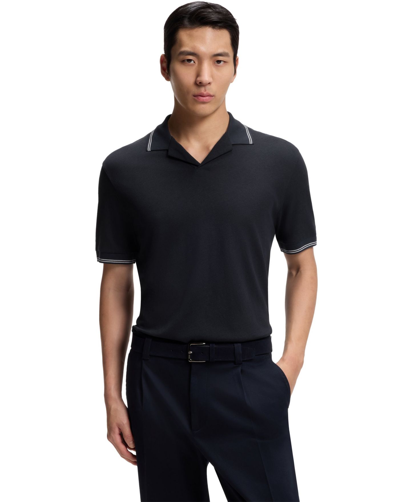Мужское поло Hugo Boss Cotton-Linen Johnny Collar Polo Shirt, цвет: Тёмный синий — фото 1