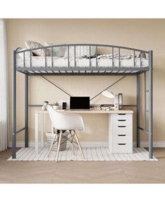 Metal Loft Bed, Steel Frame, Arched Guardrails, Ladder, Space-Saving
