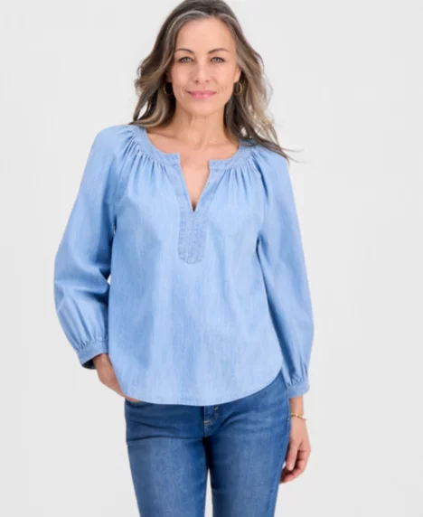 Petite Denim Trapunto-Stitch Blouse - Amelia Wash