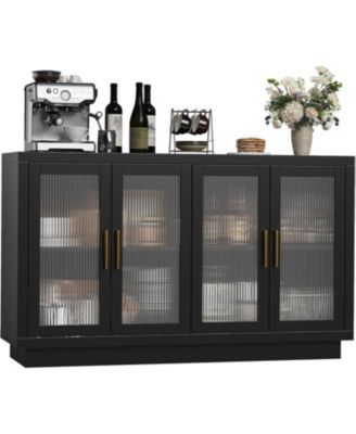 Buffet Cabinet with Storage, Large Sideboard Buffet Table with 4 Fluted Glass Doors & Adjustable Shelf,Modern Glass Sideboard for Living Room