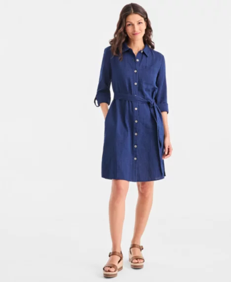 Petite Cotton Belted Shirtdress - True Indigo
