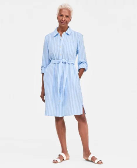 Petite Long-Sleeve Collared Woven Dress - Pat Stripe Rain
