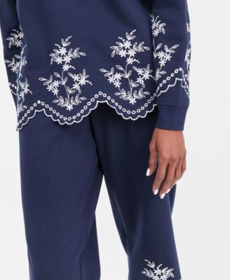 Petite Long-Sleeve Trim Eyelet Knit Crew Neck Top