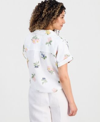 Petite Linen Darling Floral Tie-Hem Camp Shirt
