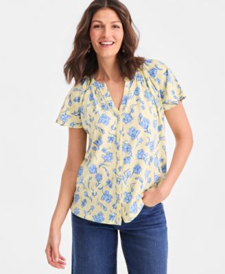 Women's Printed Flutter-Sleeve Button-Front Top