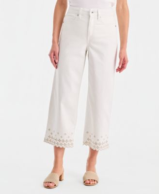 Petite Wide-Leg Embroidered Scallop High-Rise Cropped Jeans
