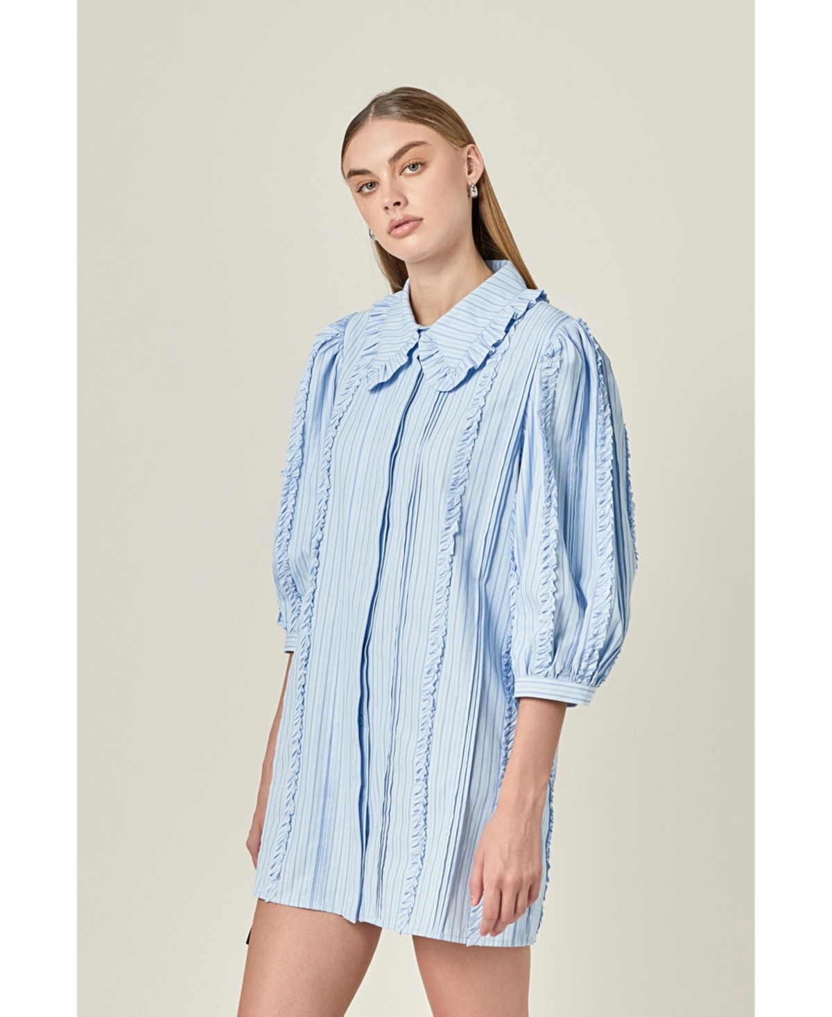 English Factory Women's Pintuck and Ruffle Detail Shirt Dress