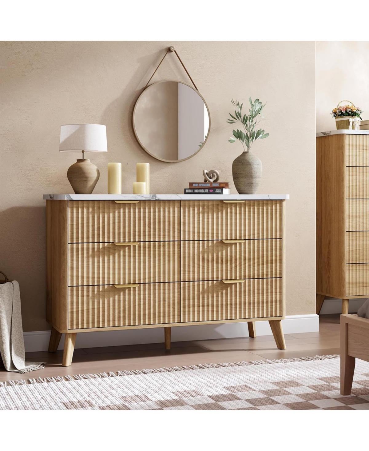 gaomon Modern Fluted 6-Drawer Dresser, Curved Profile with Gold Handles & Spacious Storage