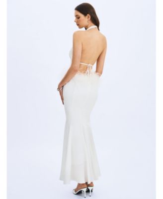Women Solene Pleated Halter Backless Feather-Trim Maxi Dress