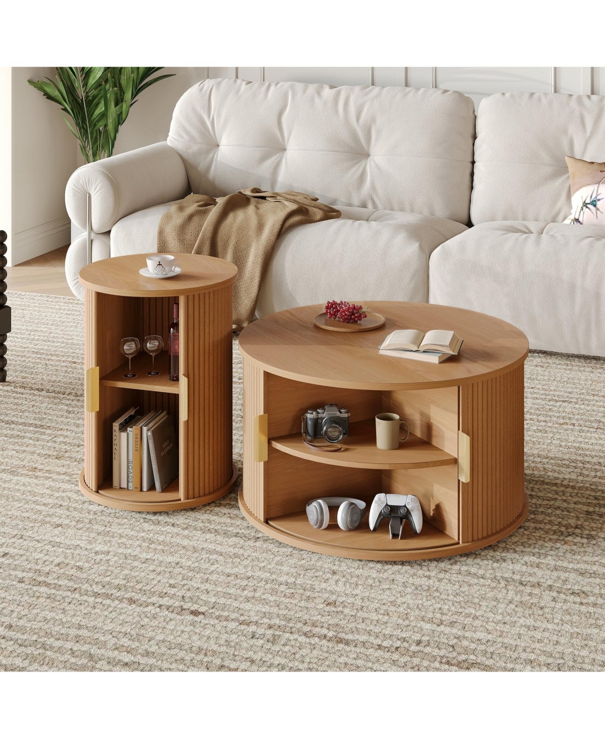 Coffee Table Set with Sliding Tambour Door and Round Fluted End for Living Room
