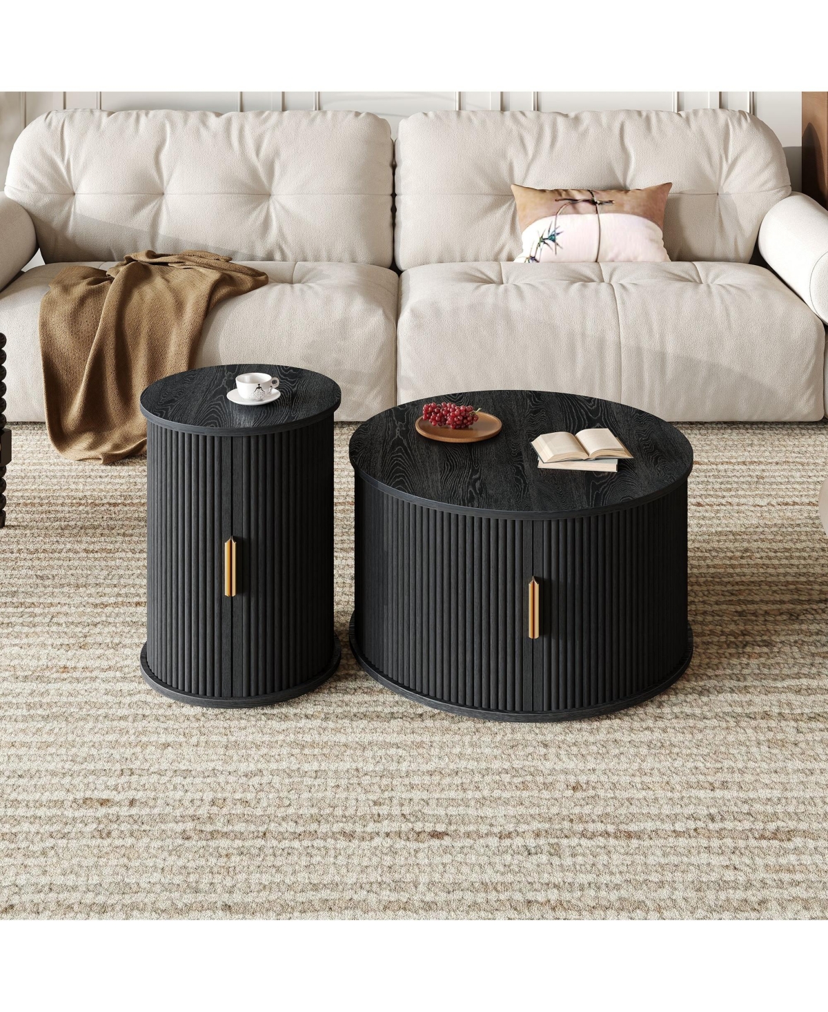 Coffee Table Set with Sliding Tambour Door and Round Fluted End for Living Room