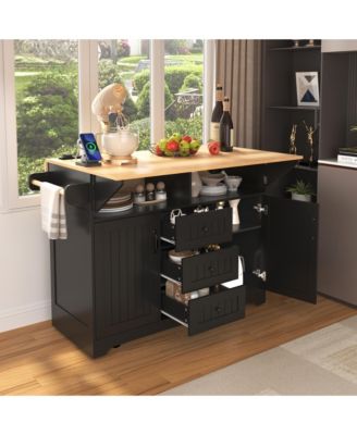 45.4" Farmhouse Black Rolling Kitchen Cart on Wheels with Storage Cabinet