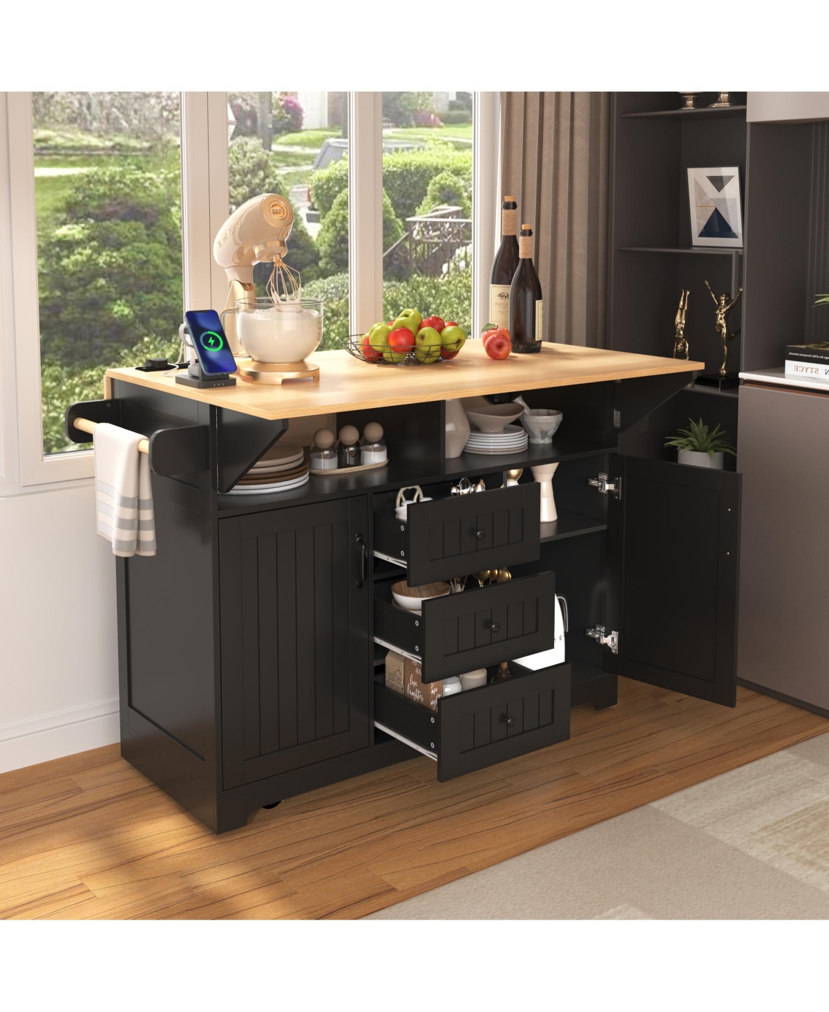 Boyel Living 45.4" Farmhouse Black Rolling Kitchen Cart on Wheels with Storage Cabinet