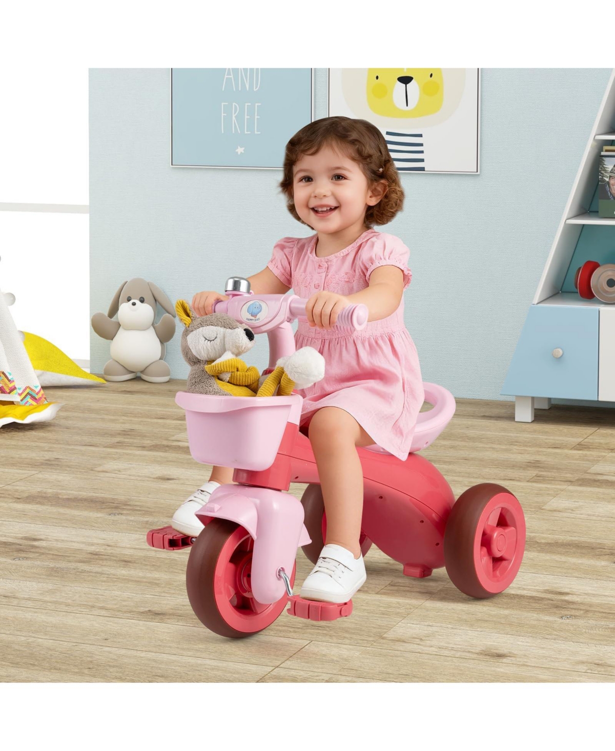 Toddler Tricycle with Limited Steering with Front Baskets and Bell-Pink