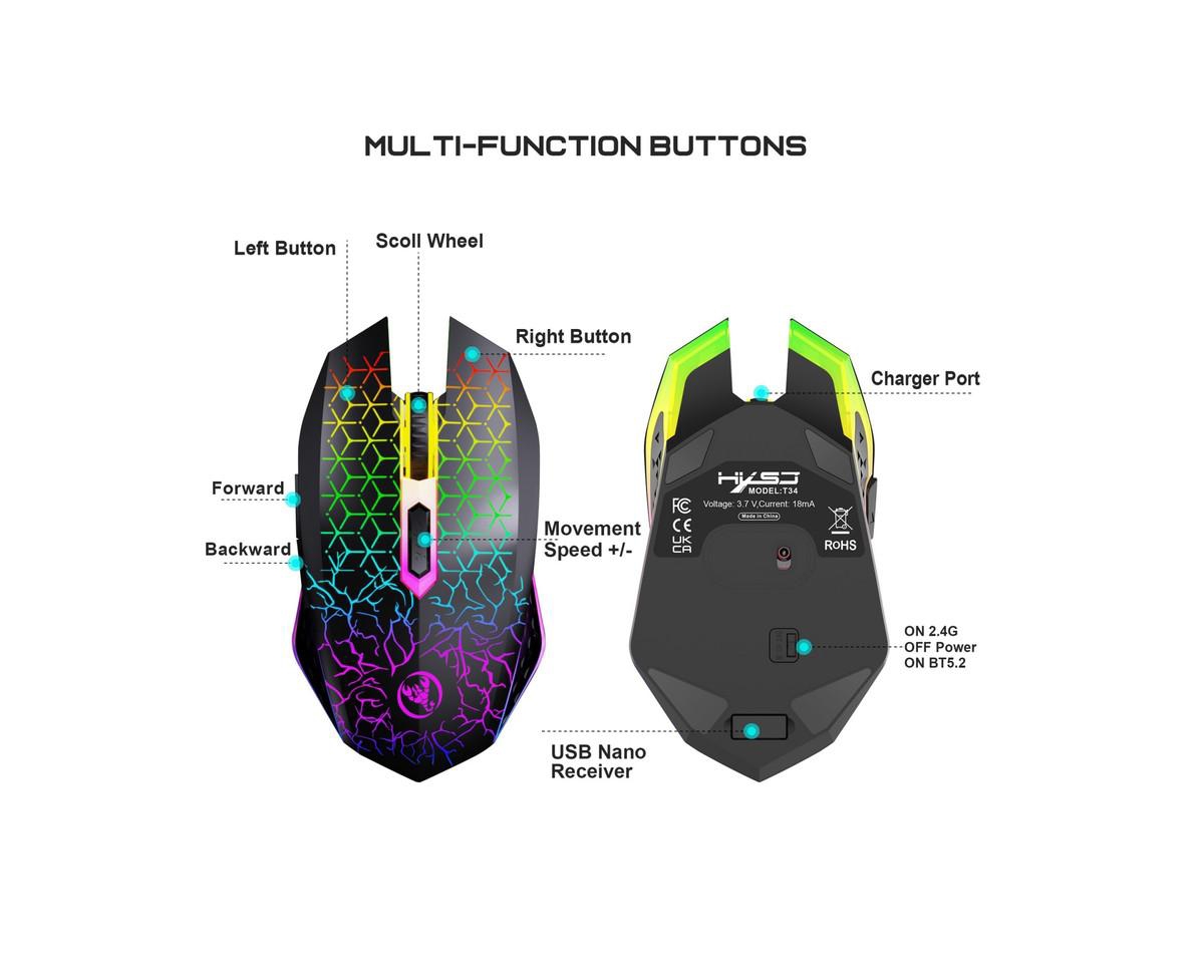 Risokeys Dual Mode Wireless Gaming Mouse 2.4G and Bluetooth 5.2 Rgb Silent 3 Speed Dpi
