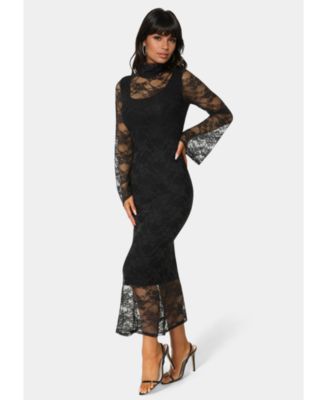Women's Lace Turtleneck Illusion Maxi Dress