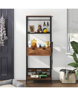 Adjustable Raised Dog Feeding Station with Storage Shelves and Hooks, 2 Stainless Steel Bowls